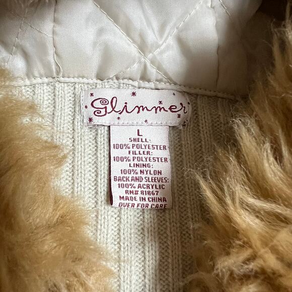Glimmer Full Zip Knit Jacket w/ Fur Trim Hood Size L Y2K Hip Hop Neutral Casual - Picture 4 of 8